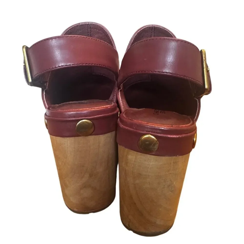Charlotte Stone Burgundy Leather Studded Wooden Platform Clogs Slingback Heels 8